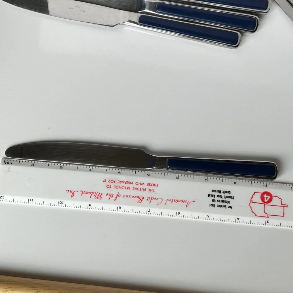 Set of 8 Seed Inox France Stainless Steel Dinner Knives Blue Handle